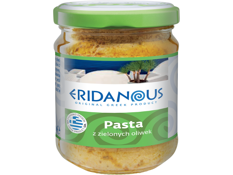 Jar of ERIDANOUS green olive paste with a Greek label.