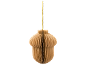 Brown paper Christmas decoration in the shape of a bell, hanging from a golden string.