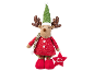 Christmas plush reindeer with a green hat, scarf, and red outfit, holding a 'Merry Christmas' tag.