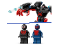 Black and red toy robot with disc shooter, and two superhero minifigures.