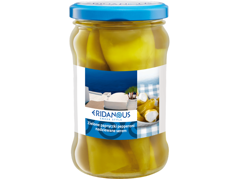 ERIDANOUS green pepperoni peppers stuffed with cheese, Greek style.