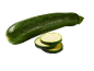 Whole green zucchini and three zucchini slices on a black background.