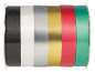 Rolls of ribbons in various colors: black, white, silver, gold, red, and green.
