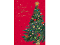 Red Christmas card for mum featuring a decorated tree and gold text.