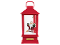 Red Christmas lantern featuring a Santa Claus holding a lantern and a Christmas tree, with snow and 