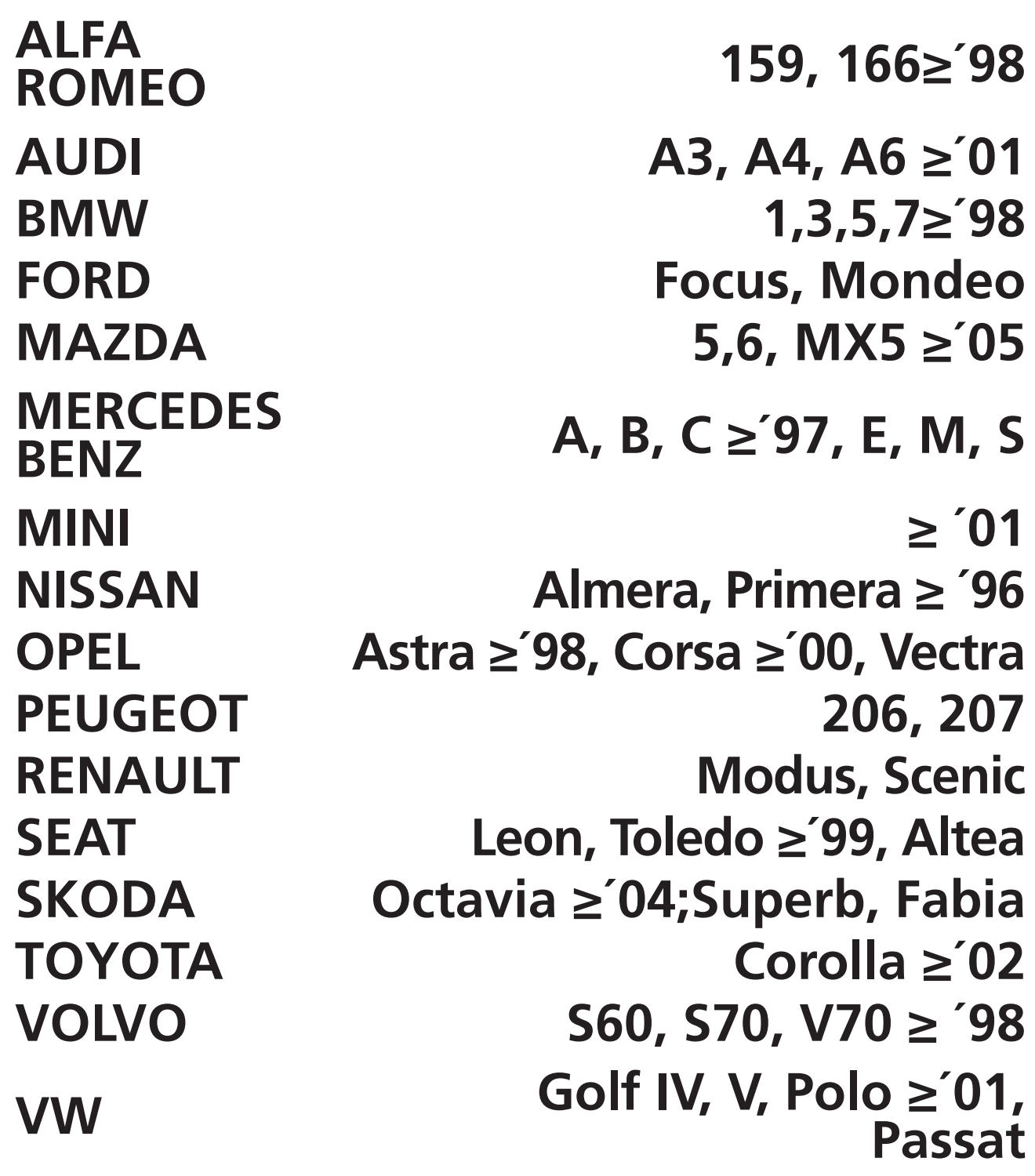 Vehicle models and production years from 1996.