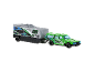 Green racing car and grey trailer with racing graphics and the number 68.