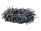 Coiled multicolored LED string lights on a black background.