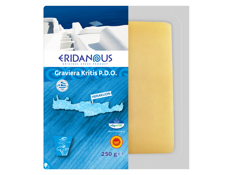 Greek Graviera Kritis P.D.O. cheese packaging, 250 g
