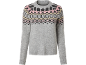 Grey sweater with pink, black, and beige Fair Isle pattern.