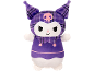 Kuromi plush toy with purple plaid hood and pink skull.
