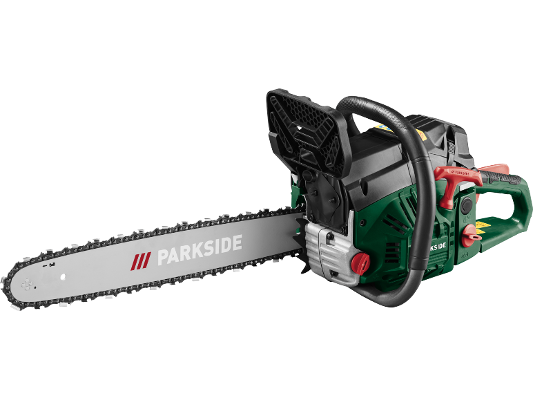 Chainsaw with a long blade and a green casing.