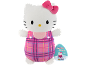 White plush toy with a pink bow, wearing pink and blue plaid overalls.
