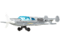 Silver toy airplane with a white propeller and blue cockpit, featuring 'OCEAN RESEARCH' text.
