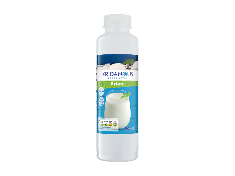 500ml Ariani Greek style yogurt drink, low fat, with nutritional information.