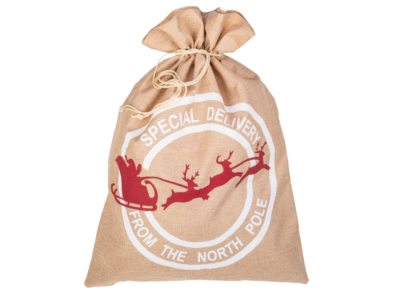 Large jute Christmas sack with 'SPECIAL DELIVERY FROM THE NORTH POLE' text and Santa's sleigh.