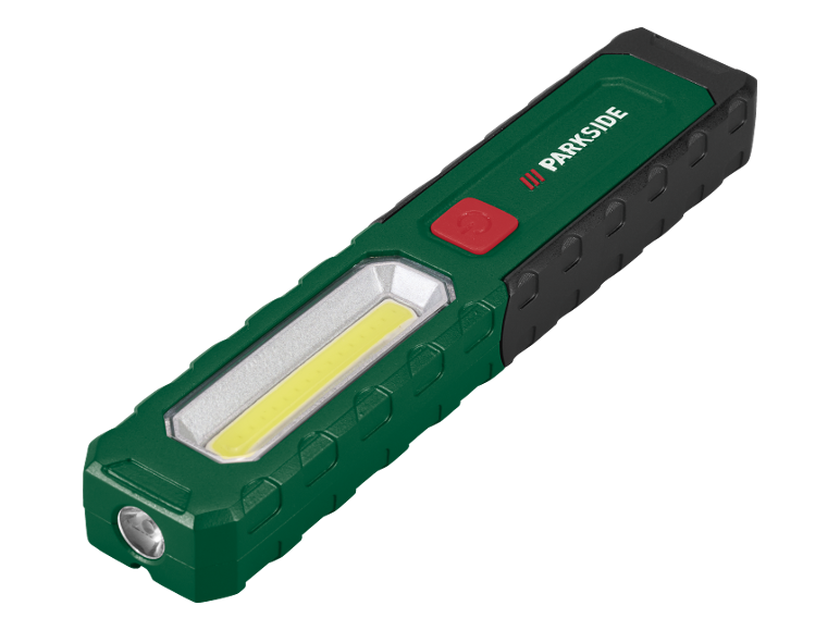 Green and black LED work light with a red button and a yellow light strip.