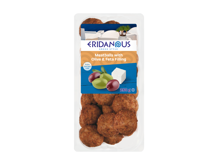 Greek style meatballs with olive and feta filling, 280g, enjoy hot and cold.