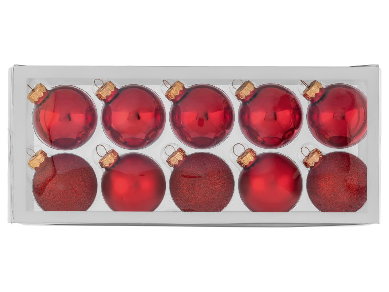 Box of 10 red Christmas baubles, some glossy, some glittery.