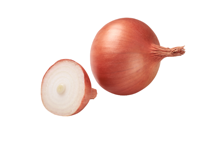 Whole and halved red onion on a black background.