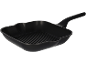 Black square grill pan with a ribbed surface and a handle.