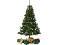 Green artificial Christmas tree with gifts wrapped in gold, green, and red paper
