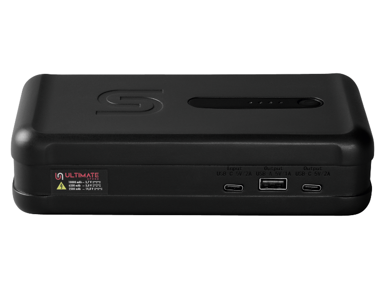 Black power bank with USB-C and USB-A ports, 10000 mAh capacity.