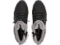 A pair of black winter boots with grey faux fur lining and laces.