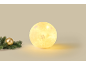 Spherical Christmas light with snowflakes and pine decoration with a golden bauble.