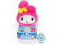 Pink My Melody plush toy in a blue overall with patches.