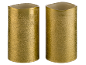 Two golden textured LED candles with melted tops.