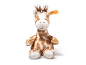 Soft plush giraffe toy in a sitting position on a white background.