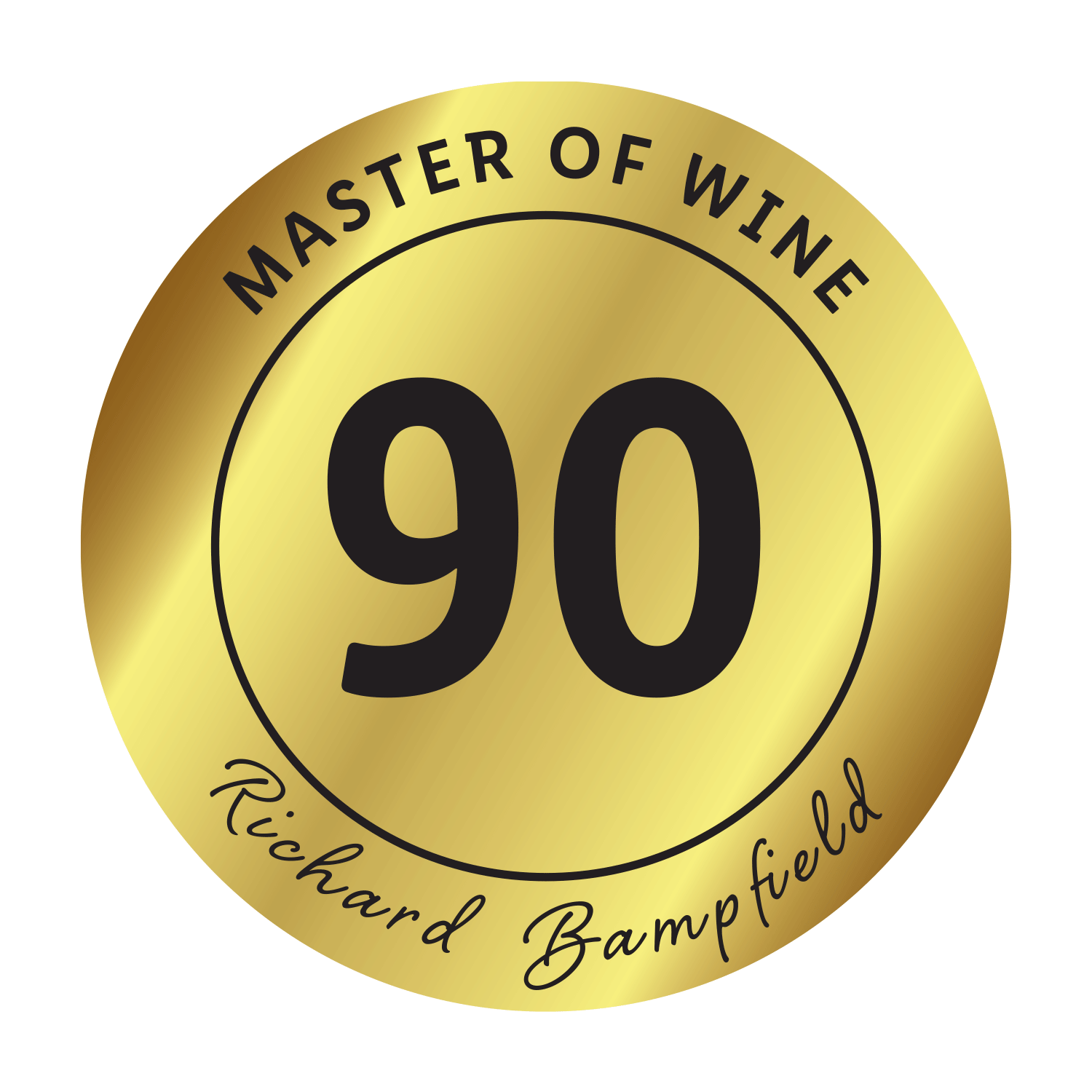 Gold seal with the text 'Master of Wine', score 90, and signature 'Richard Bampfield'.