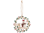 Wooden Christmas ornament with a snowman, house, and wreaths.