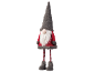 Christmas gnome decoration with a grey hat, white beard, red top, and striped legs