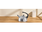 Stainless steel whistling kettle on a wooden countertop with a storage tin in the background.
