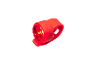 Red bicycle rear light with a silicone strap, illuminated against a black background.