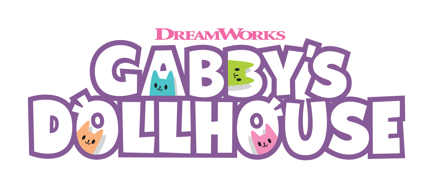 Gabby's Dollhouse logo with DreamWorks text and cat faces.