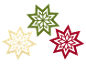 Three felt Christmas stars: beige, green, and red.
