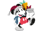 Cartoon mouse in a Christmas hat and scarf, carrying gifts.
