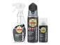 Car cleaning kit with interior cleaner, upholstery cleaner, and air-con cleaner.