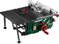 Green and black table saw with table extensions and accessories.