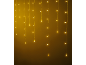Yellow LED string lights hanging vertically on a dark background.