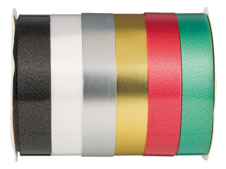 Rolls of ribbons in various colors: black, white, silver, gold, red, and green.