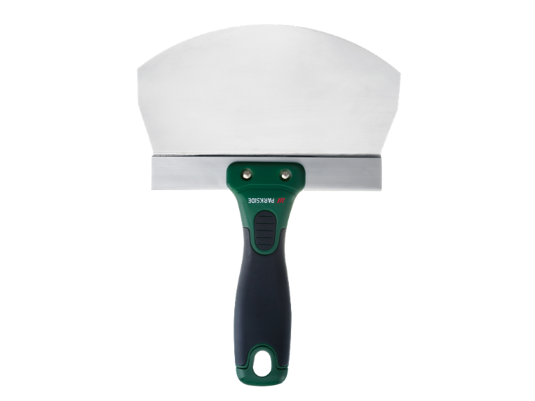Putty knife with a green and black handle