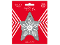 Silver star-shaped gift tag on a red background.