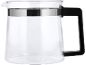 Transparent glass pitcher with a black handle and a metallic band.