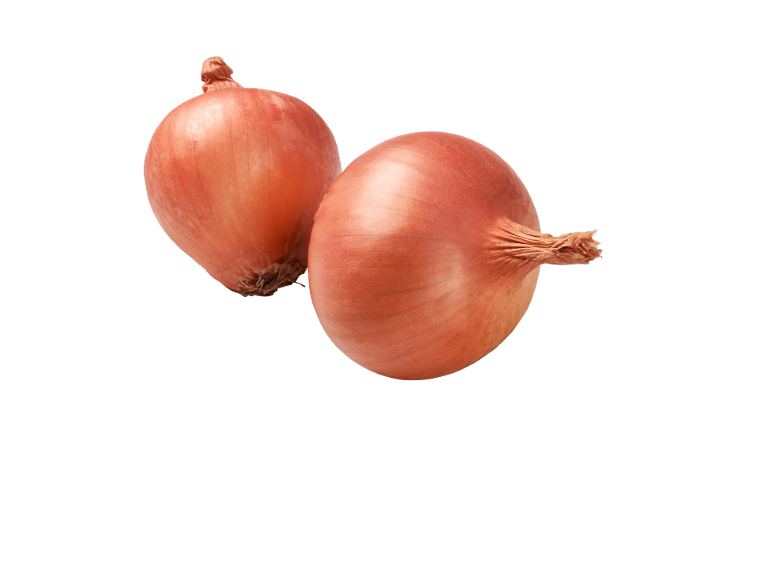 Two brown onions on a black background.