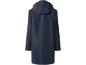 Dark blue rain jacket with a hood, back view.
