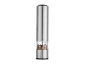 Stainless steel electric pepper grinder with a transparent reservoir filled with peppercorns.